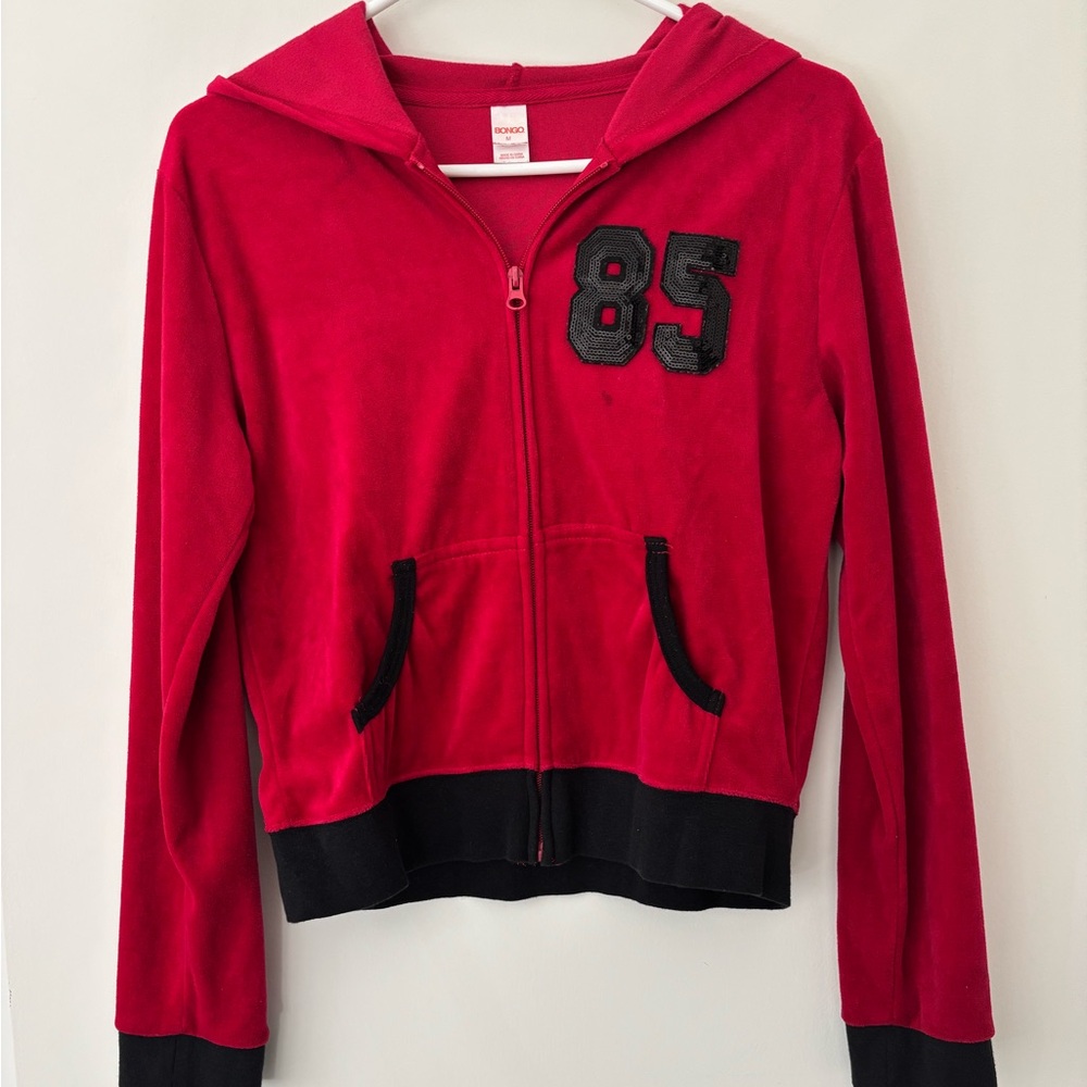 Women’s red velvet track jacket with sequin numbers